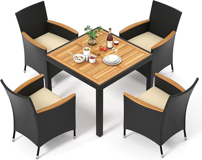 Tangkula 5 Pieces Patio Dining Table Set for 4, Rattan Conversation Set with Umbrella Hole, Seat Cushions & Acacia Wood Tabletop, Outdoor Dining Table with 4 Chairs for Backyard, Poolside & Deck